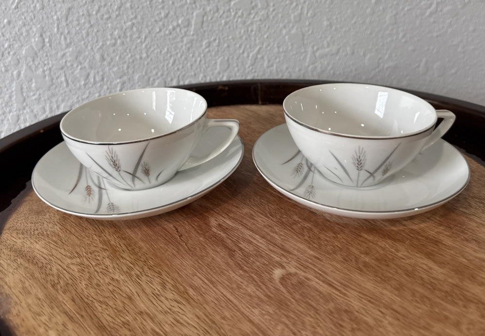 Platinum Wheat Fine China Japan Tea Cup & Saucer Set of 4 pieces VTG Replacement